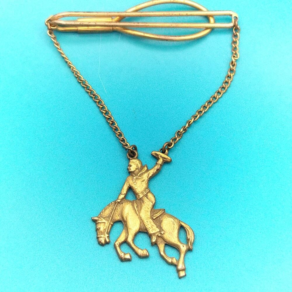 Vintage Cowboy on Horse Tie Clip Bar Clasp with Chain Men's Western Jewelry